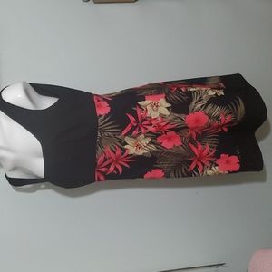KIM ROGERS Hawaiian Tank Dress-Black & Floral-Stretchy-EUC-Sz 16
